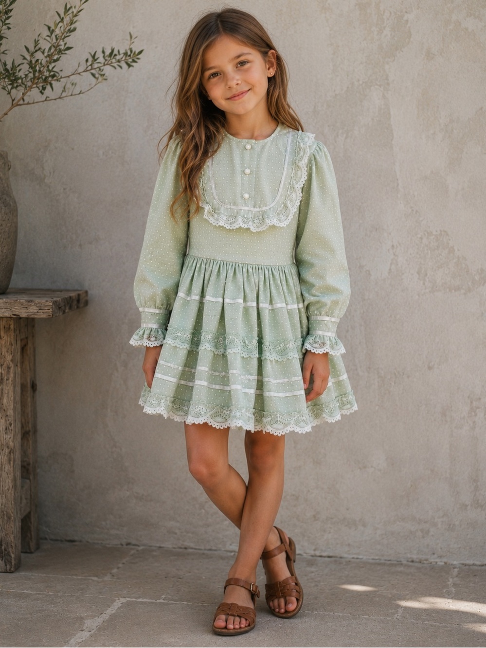 Vintage Handmade Girls Mint Swiss Dot Prairie Dress 1970s Lace Flower Girl Dress